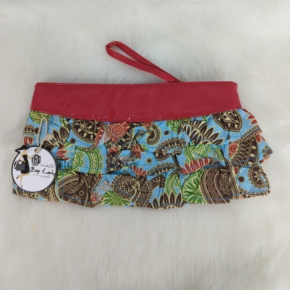 Mud Pie Bag Lady Wristlet Clutch Blue Paisley Ruffle Red Patent Trim NWT